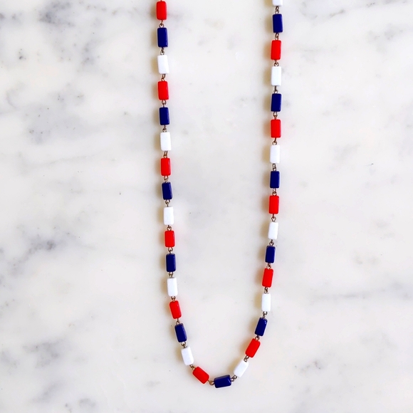 Red/White/Navy Blue Plastic Rectangle Shape Chained Necklace. - Picture 2 of 2